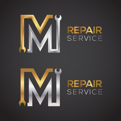 Letter M with wrench logo Gold and Silver color,Industrial,repair,tools,service and maintenance logo for corporate identity