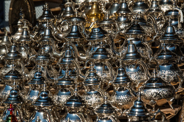 Fototapeta na wymiar Arab kettles for tea on Oriental bazaar