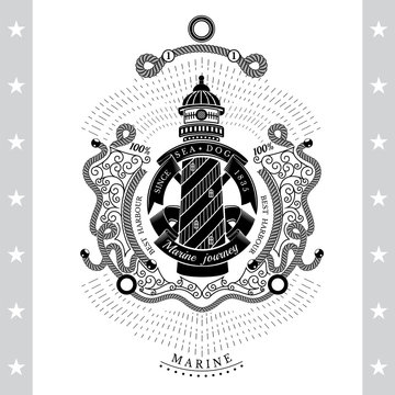 Frame from line pattern and lighthouse with round ribbon in center. Marine vintage label on white
