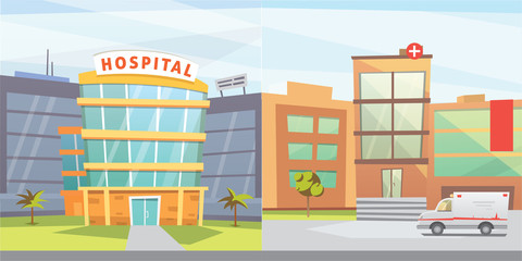 Naklejka premium Set Hospital building cartoon modern vector illustration. Medical Clinic and city background. Emergency room exterior.