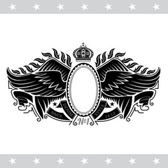 Naklejka premium Oval frame with ribbon between two pair wings with fair. Heraldic vintage label on white