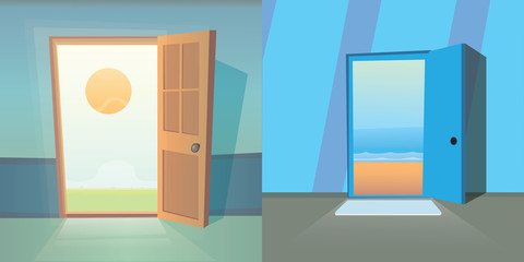 Open door vector collection. set of cute doors. Dreams comes true. Cartoon exit and summer