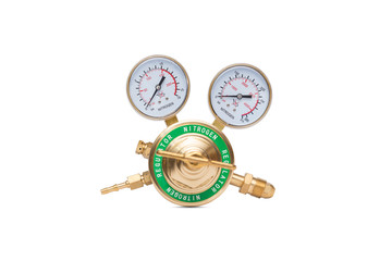 A brass nitrogen regulator isolated on a white background