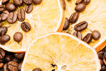 A slice of lemon and coffee beans