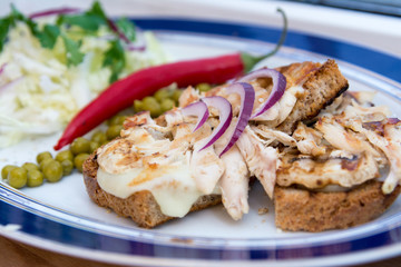 fried chicken breast on the bread with fresh onion paprika and p