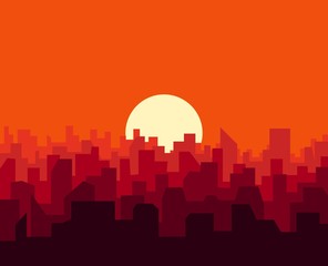 City sunset skyline urban landscape. Cityscape silhouette in flat style