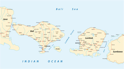Vector road map of Indonesian Lesser Sunda Islands Bali and Lombok
