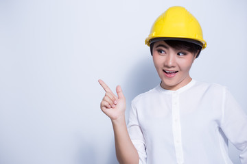 Engineer woman on white background coppy space