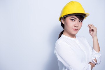 Engineer woman on white background coppy space