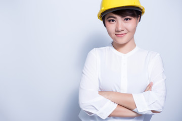 Engineer woman on white background coppy space