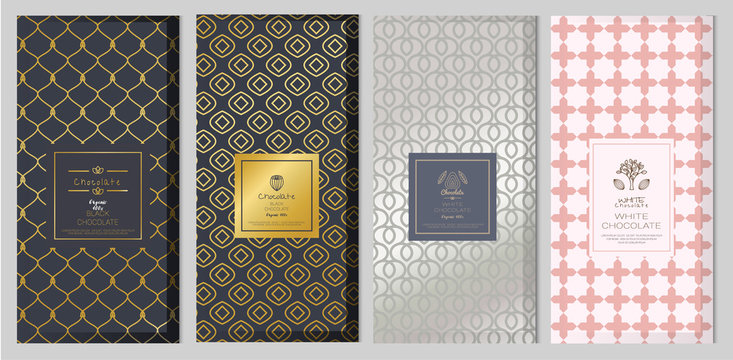 Chocolate bar packaging mock up set. Trendy luxury product branding template with label and geometric pattern. vector