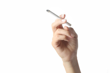 Studio shoot of hand holding a cigarette on the white background