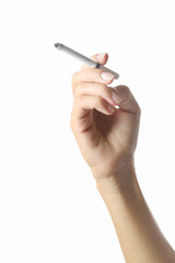 Studio shoot of hand holding a cigarette on the white background