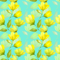 Floral seamless pattern watercolor. Yellow spring flower magnolia. Spring background with beatifull yellow flowers