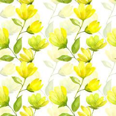 Naadloze bloemmotief aquarel. Gele lentebloemmagnolia. Lente achtergrond met mooie gele bloemen