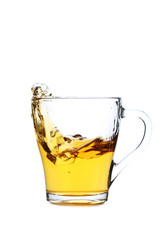 Glass of tea with ice cube isolated on a white