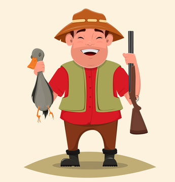 Hunter holding rifle and shot duck. Happy cheerful smiling cartoon character. Man in hat and with beard. Vector illustration. Usable as poster, print. EPS10