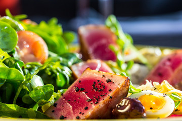 Salad with grilled tuna, greens, tomatoes and egg.