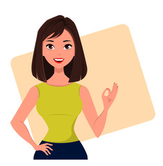 Young cartoon businesswoman showing OK gesture, wearing a free dress style. Beautiful brunette girl . Fashionable modern lady. Vector illustration. EPS10