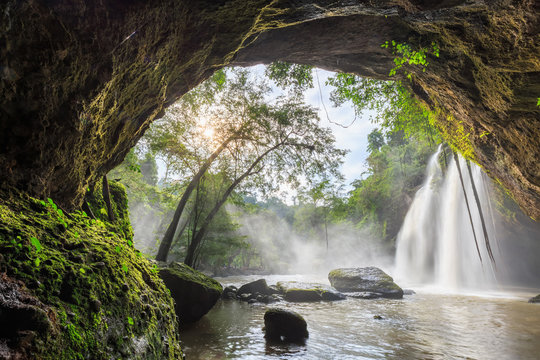 Fototapeta cave and big waterfall