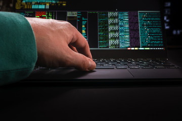 hacker hands, first person view, at work with interface.