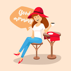 woman drinking coffee in a cafe, good morning, vector