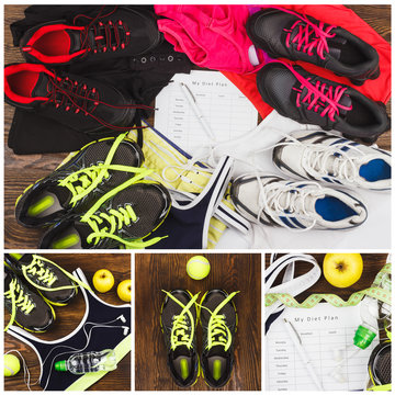 Sneakers, different sports clothes and equipment