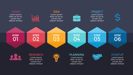 Vector arrows hexagons timeline infographic, diagram chart, graph. Business concept with 6 options, parts, steps, processes. Ready for presentation slide template. Dark background.