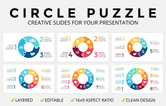 Vector circle arrows infographic, cycle diagram, puzzle jigsaw graph, 16x9 slide presentation pie chart. Business concept template with 3, 4, 5, 6, 7, 8 options, parts, step, process. Clean and simple
