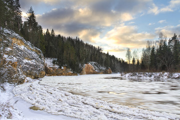 Fototapeta premium Eagle cliffs Continuous sandstone wall on Gaujas river side