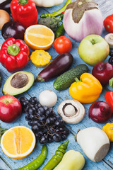 Set of different colorful vegetables and fruits