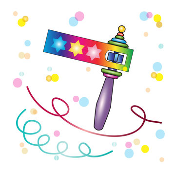 Purim toy noisemaker pattern, also called "gragger" or "grogger", for Purim isolated on white background with stars of David and colorful confetti. Jewish Holiday Purim festival Vector