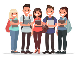 Obraz premium People and Education. Group of happy students with books on an i