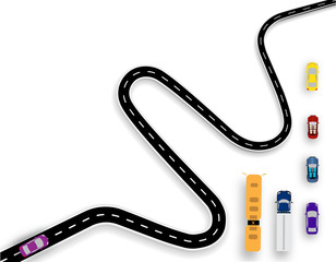 Winding road with white markings. Auto Set. Buses, trucks and cars. 3d. illustration
