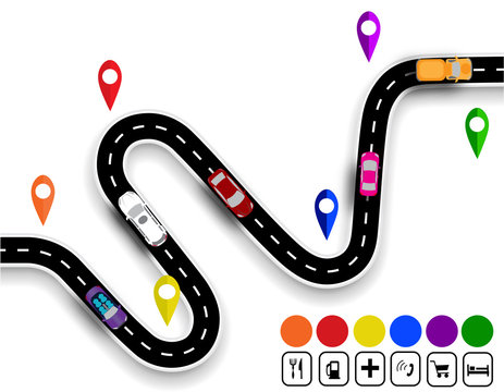 Winding road with signs. The movement of cars. The path specifies the navigator. illustration