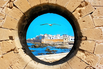 View of the old city through the fortress wall. Essaouira. Morocco.