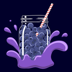 Blueberries in mason jar with smoothie splash. Heap of fresh natural berries for smoothie or milkshake in a jar, isolated. Vector hand drawn illustration eps10. - 135036837