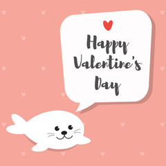 Baby Seal Pup cartoon character. A Cute Baby Seal Pup/ Harp seal pup on rose pink heart pattern background. Flat design Vector illustration for Valentine's Day invitation card.