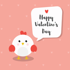 Chicken cartoon character. Cute Chicken on rose pink heart pattern background. Flat design Vector illustration for Valentine's Day invitation card.