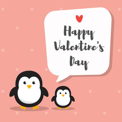 Penguin cartoon character. Cute Penguins standing on rose pink heart pattern background. Flat design Vector illustration for Valentine's Day invitation card.