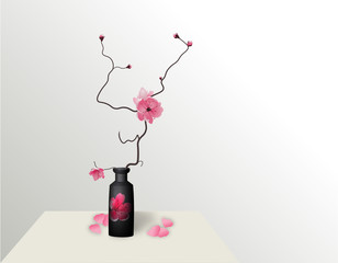 Ikebana. Composition. Figure Sakura flower. On a gradient background with a shadow. illustration