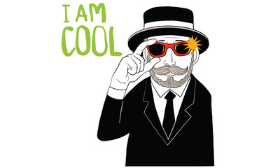 mustache man in black suit wearing sunglasses