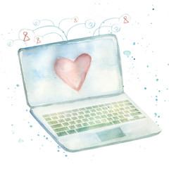 conceptual illustration of laptop with heart on display and connection icons of people