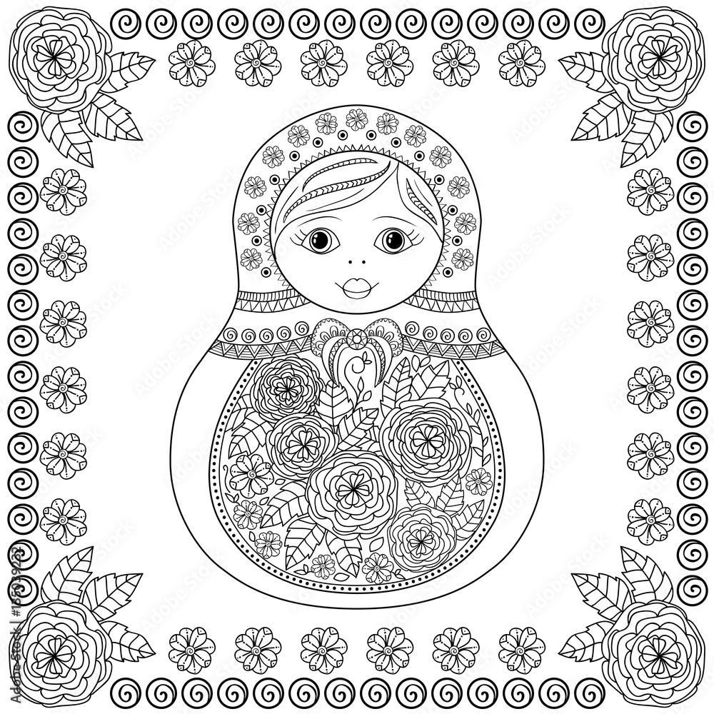 Wall mural Vector coloring book for adult and kids - russian matrioshka doll. Hand drawn zentangle with floral and ethnic ornaments