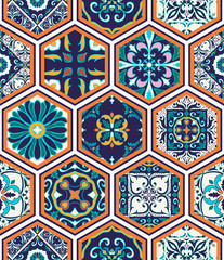 Vector seamless texture. Beautiful mega patchwork pattern for design and fashion with decorative elements in hexagon