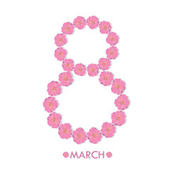International Women's Day 8 March. Greeting card vector illustration with the number of flower apple / peach / plum.