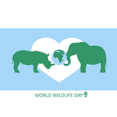 World Wildlife Day. Silhouettes of elephant and rhinoceros. Globe with Africa. Vector illustration for you design, banner and poster, card or calendar.