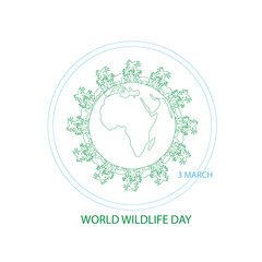 March 3 World Wildlife Day. Globe with Africa surrounded by palm trees, silhouettes elephant and rhino. Contour Vector illustration for you design, banner and poster, card or calendar.