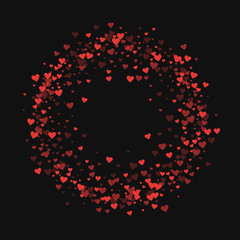 Red hearts confetti. Circle frame on black valentine background. Vector illustration.