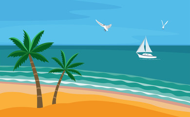 Fototapeta na wymiar Seascape with beach, palm trees, seagulls and yacht